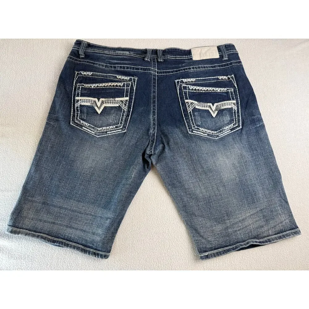 Monarchy Collection Men’s Size 40 Blue Denim Long Shorts Embroidered Distressed